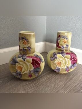 Vintage Hand Painted Nippon Vase Yellow Rose Gold Accent 7 Inch Set Of 2